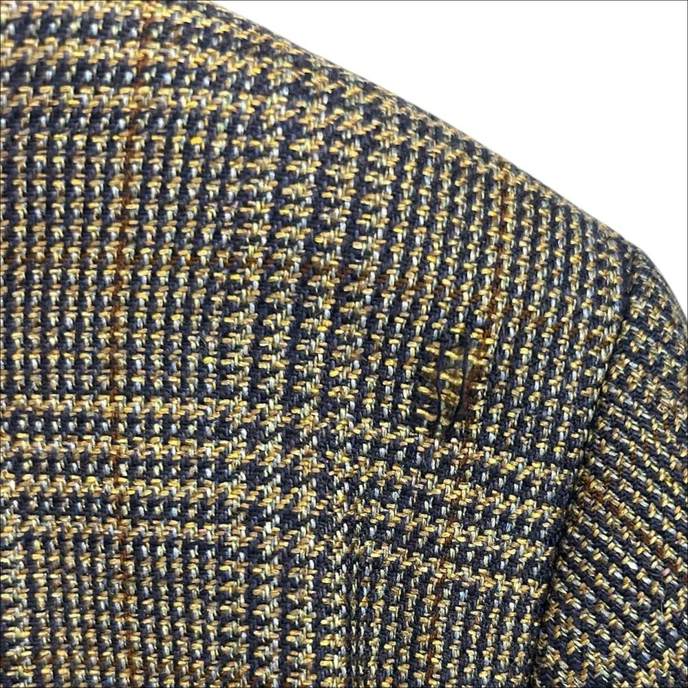 Jos A Bank Sport Coat Blazer Mens 46R Silk Wool Tweed Glen Plaid Brown Tan Navy - Picture 9 of 10